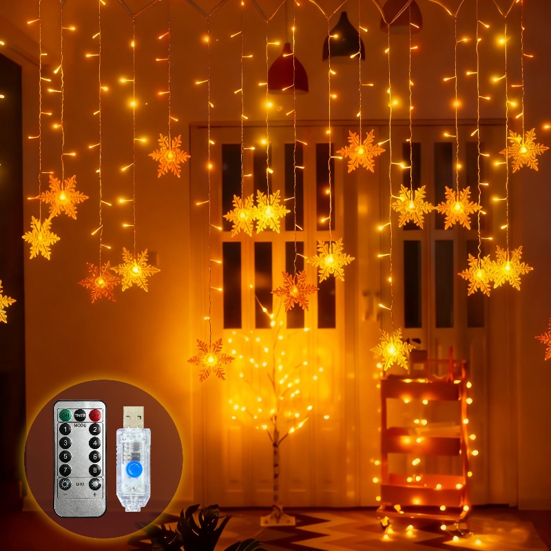 Outdoor Solar Power Xmas Lights - USB Powered Snowflake Curtain Lights Remote